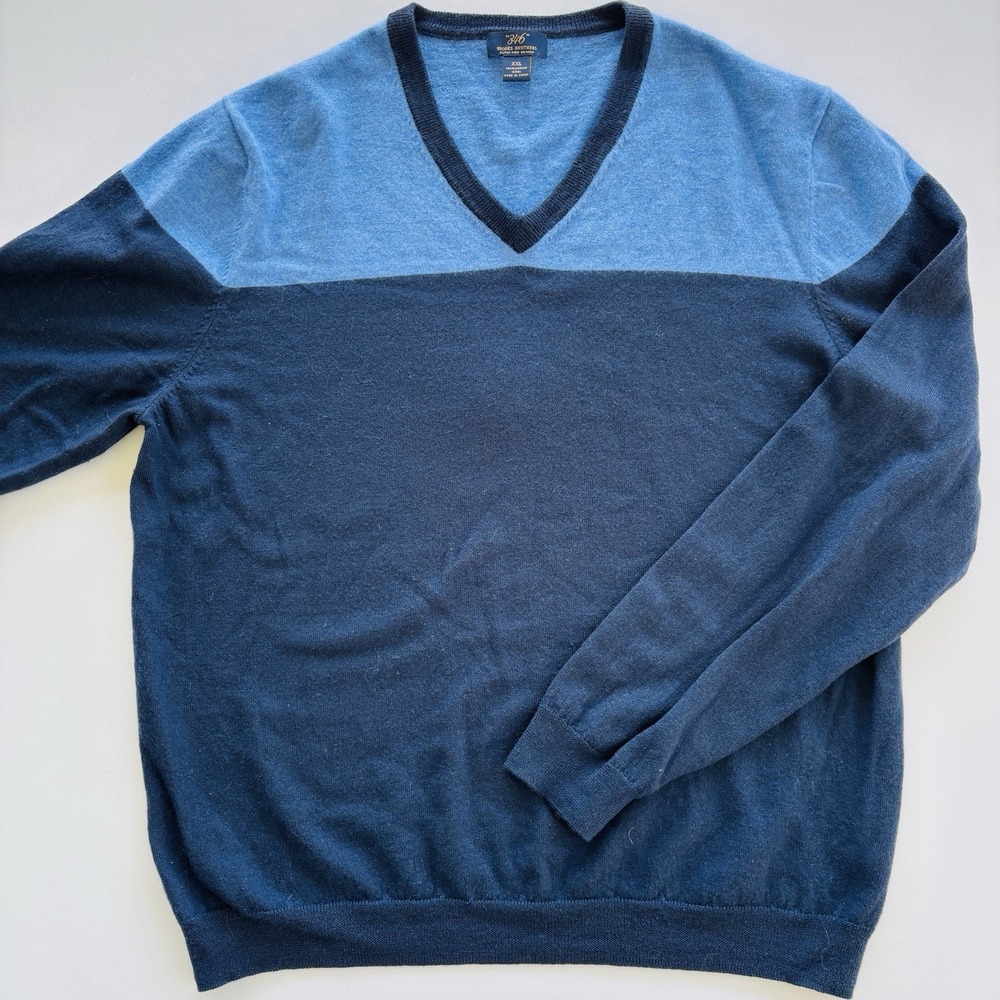 Brooks Brothers Sweater Mens XXL‎ Blue Colorblock Extra Fine Merino Wool V-Neck
